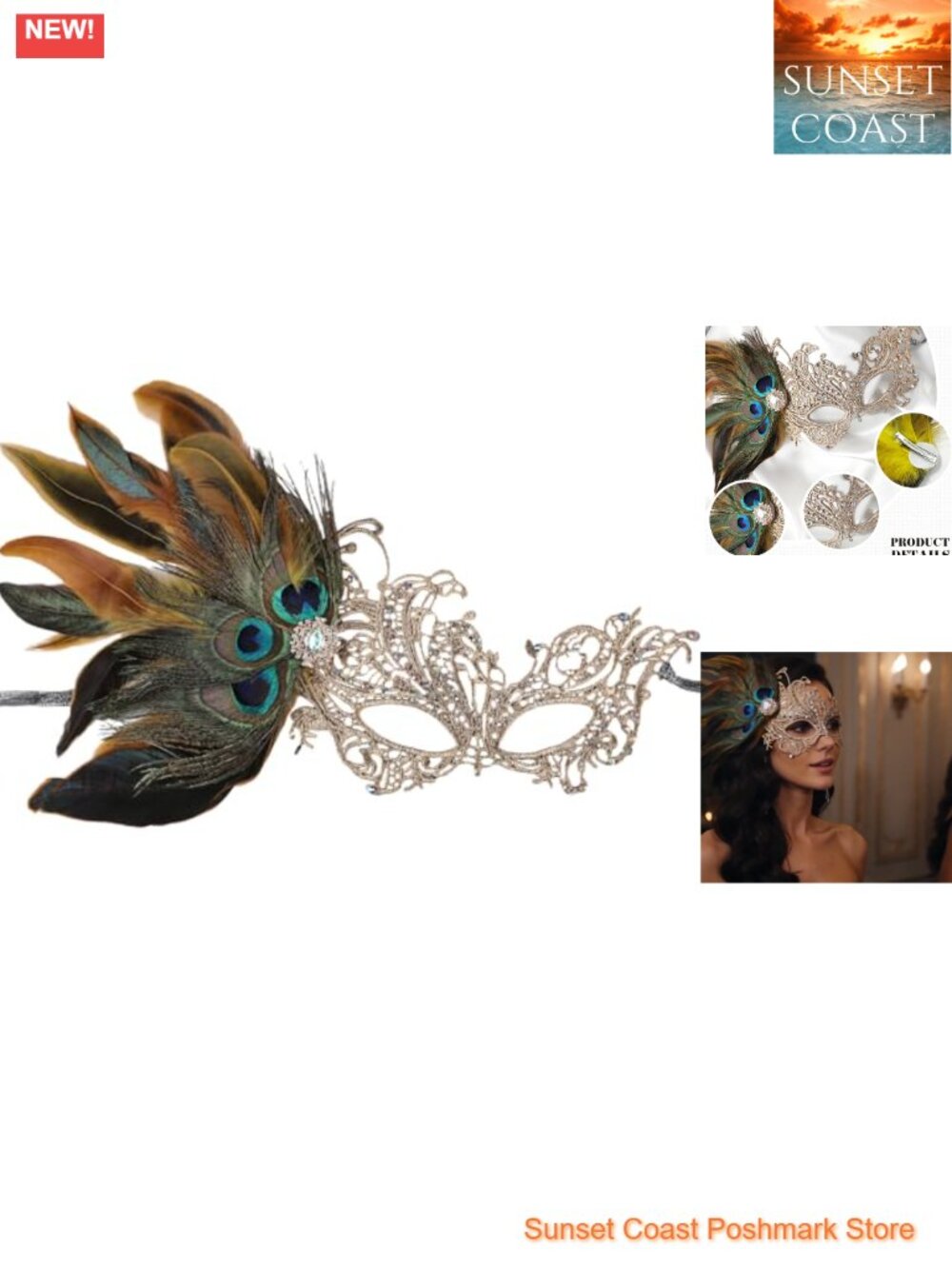 Lace Masquerade Mask Peacock Feather Venetian Costume Ball Handmade